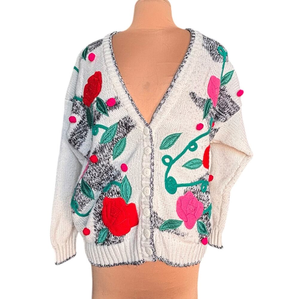 Vintage 90s Oversized White Floral Cardigan Rose Embroidered Knit Sweater Artsy
